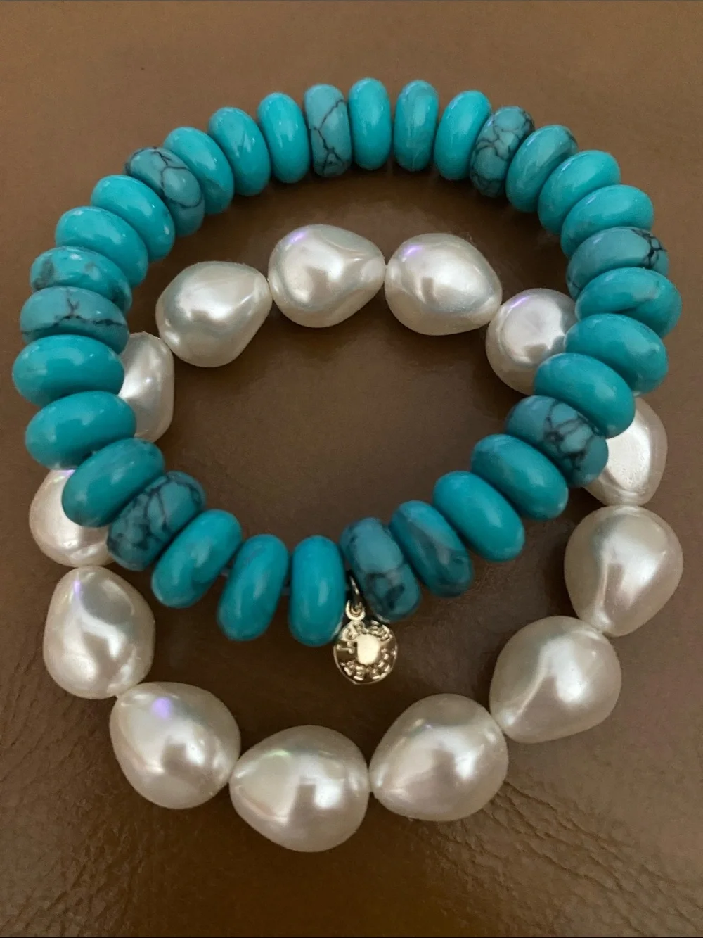 J Crew Bracelet Stack Chunky Pearl and Turquoise Bead on Stretch Elastic NWOT